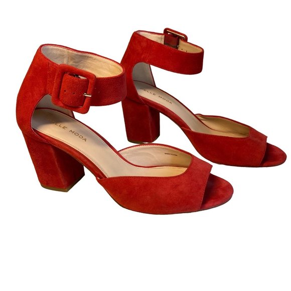 pelle moda pink/red Berlin Toe Block Heel Suede Ankle Strap Dress Sandals 7.5 - Picture 13 of 14